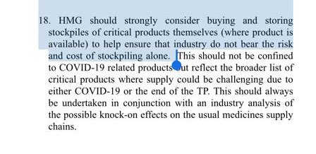 NEW:Internal medicines industry memo says because of combined pandemic/ No deal challenge Government “themselves” (unlike last year) needs to buy/store own stockpile, reflecting “broader list of critical products” for Covid/end of Brexit transition period:& needs to start now