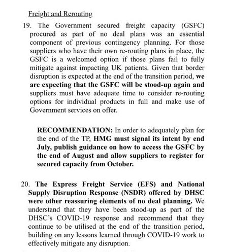 Memo also says Government must clearly signal in the next few weeks it will be reoperating No Deal emergency freight services and planes for No Trade Deal Brexit to deal with “border disruption expected at the end of transition period”