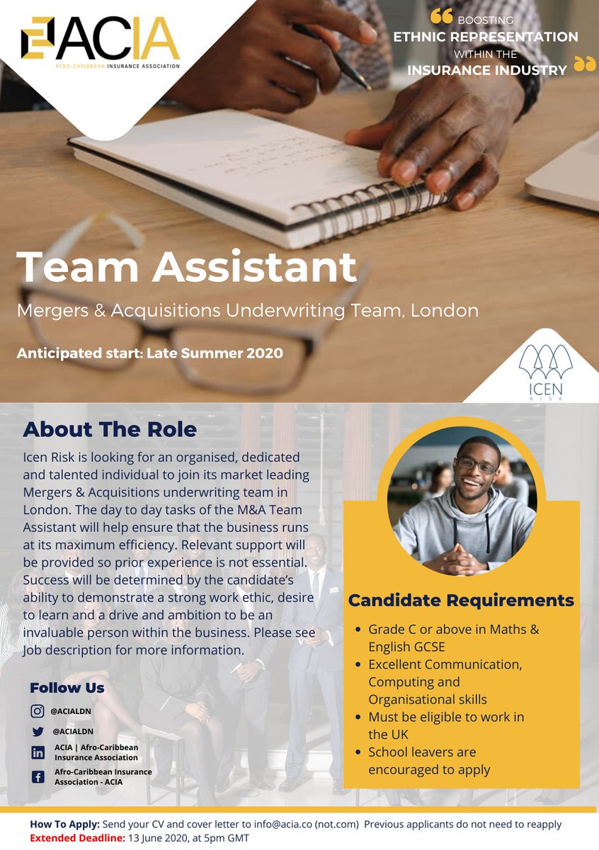 EquityCity's tweet photo. An opportunity not to be missed! 📢

Leading Insurance firm, Icen Risk is recruiting for a Team assistant to join their Mergers and Acquisitions team at their London offices. 

Full details on the role and how to apply attached #StudentRole #GraduateOpportunity https://t.co/qzXW2MsY8q