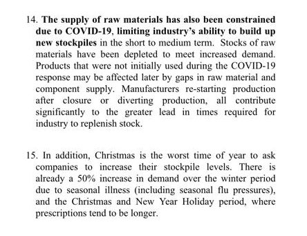 And even if they start stockpile build immediately, which they will have to, memo says wont be fully covered due to ongoing pandemic supply problems, and the fact Christmas “is worst time of year to ask companies to increase their stockpile levels” due to seasonal flu etc