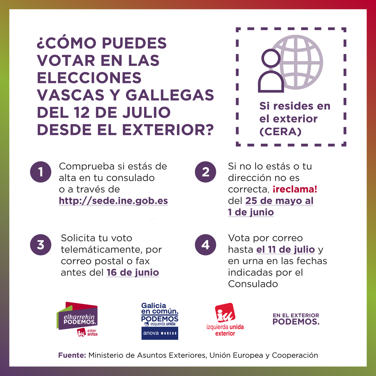 IUExterior's tweet photo. 🗳️ ¿Cómo puedes votar en las #ElecciónsGalegas y las #EleccionesVascas del #12Jexterior? 

😷 Recuerda: ¡sigue las recomendaciones sanitarias de tu consulado y denuncia cualquier irregularidad! https://t.co/TvNNo0Kt5g