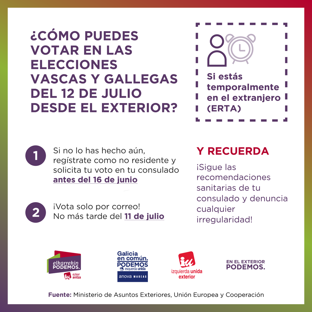 IUExterior's tweet photo. 🗳️ ¿Cómo puedes votar en las #ElecciónsGalegas y las #EleccionesVascas del #12Jexterior? 

😷 Recuerda: ¡sigue las recomendaciones sanitarias de tu consulado y denuncia cualquier irregularidad! https://t.co/TvNNo0Kt5g