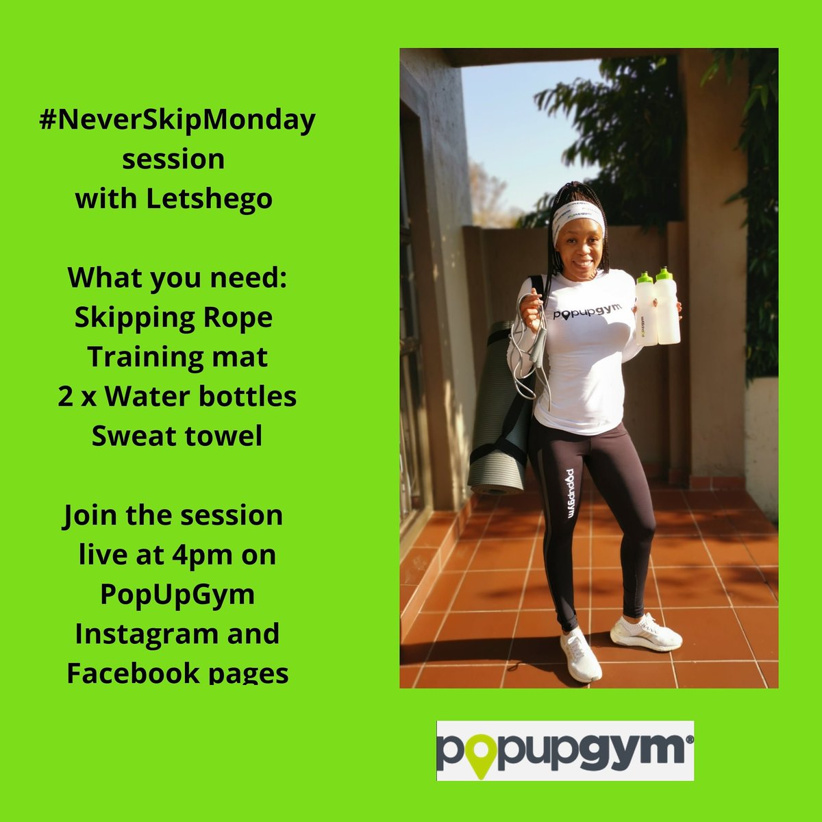 popup_gym's tweet photo. Tune in and join @letshegom live at 4pm for a #NeverSkipMonday functional session.
.
#PopUpGym #TrainAnywhere #TrainAnytime #NoExcuses #HomeWorkout https://t.co/Docjue7XWT