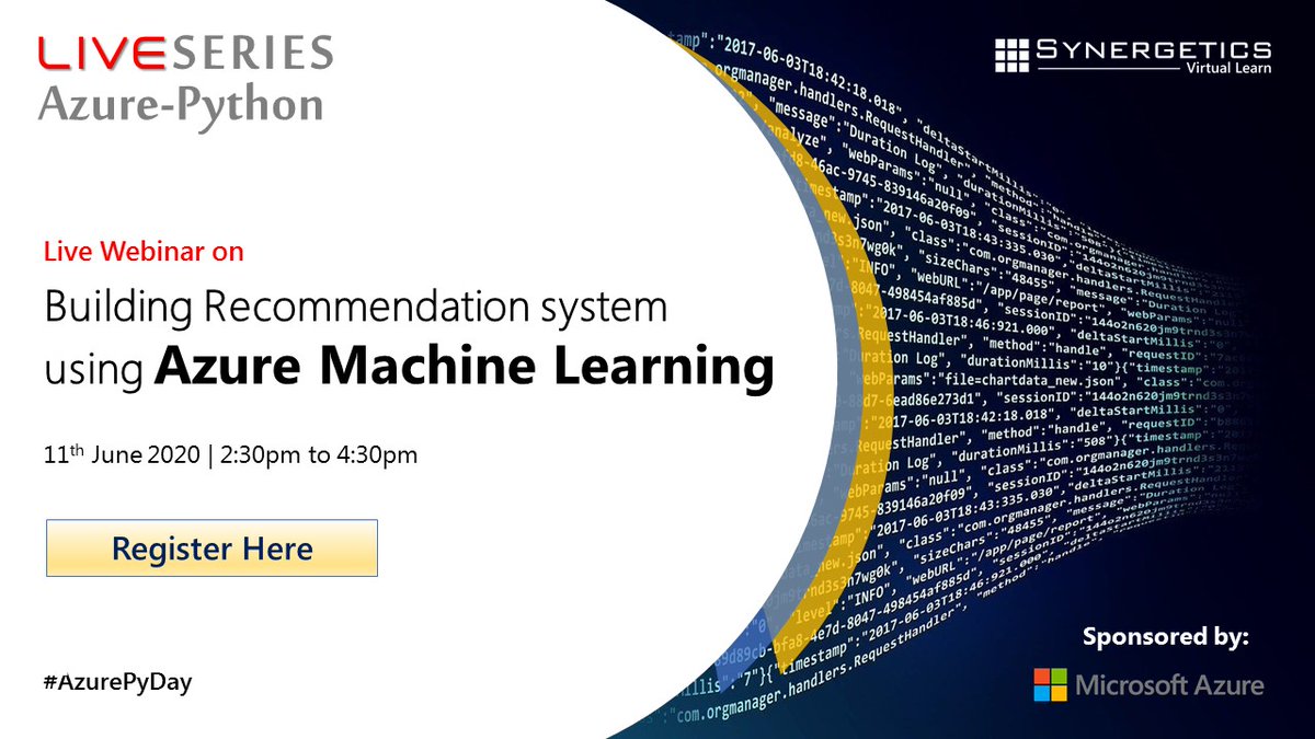 synergetics1's tweet image. We are ready with Python Webinar Series! Learn how ML &amp;amp; Python work together in First Webinar from Live Series on Azure-Python.
Save Date: 11 June 2020
#synergeticslearning #aionazure #azurepyday #pythonwebinar #pythontrainig #azurepython
Register here: synergetics-india.com/AzurePyDay-Wor…