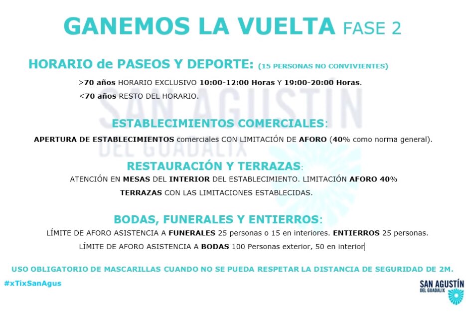 Fase II 🤷‍♂️🤷‍♀️<a href="/policiasag/">@PoliciaSAG</a> ?. 
- 𝙃𝙖𝙘𝙚𝙧 𝙙𝙚𝙥𝙤𝙧𝙩𝙚  a cualquier hora, salvo de 10-12 y de 19-20 reservado para 👴🏻 +70.
𝗗𝗲𝗻𝘁𝗿𝗼 𝗱𝗲 𝗹𝗮 𝗽𝗿𝗼𝘃𝗶𝗻𝗰𝗶𝗮:
-Ir a cualquier establecimiento
-Ir al cine y teatro 
-Mercadillos
-Restaurantes en mesas y terrazas
#xTixSanAgus