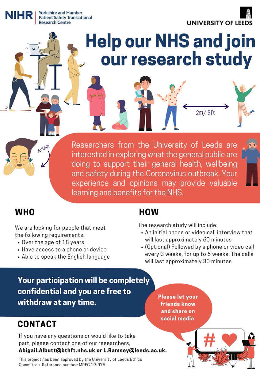 We are interested in speaking to the general public about how they have managed their health and well-being during the #Covid19 pandemic. Please email Abigail.Albutt@bthft.nhs.uk or L.Ramsey@Leeds.ac.uk to find out more about our telephone/video interview study