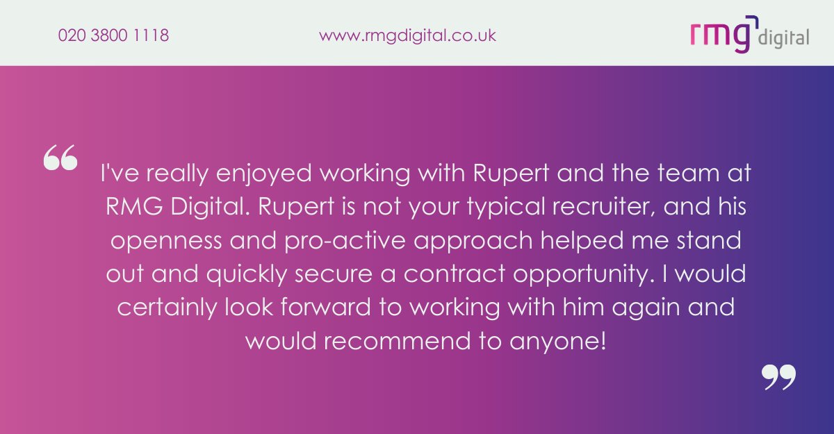 RMGDigitalUK's tweet photo. At RMG Digital, the process for client and candidate are of huge importance. - https://t.co/odmDO7on0T
The smooth process for our candidate, means time and time again, our fantastic candidates keep coming back to us.
#DigitalTech #DigitalTechnologyRoles #CandidateTestimonials https://t.co/KE1N7SwUCO