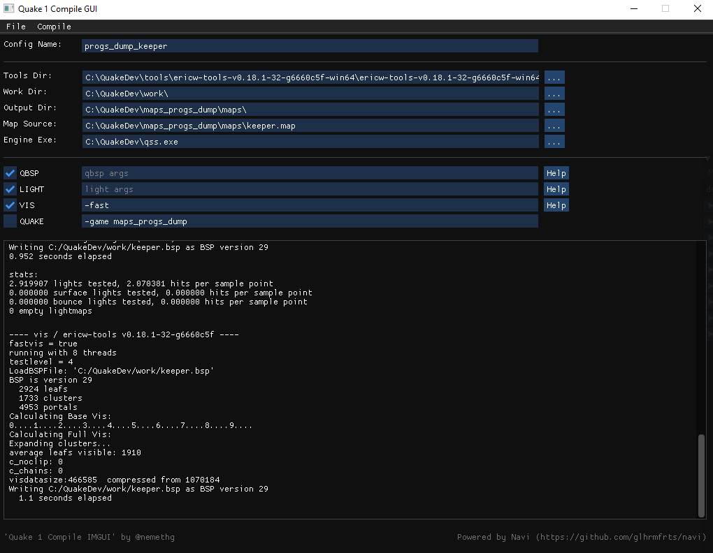 emprosthotonos's tweet image. I&apos;ve put together a quake 1 compiler GUI to test my GUI framework, it comes with some features I longed for in other compiler interfaces and will be released very shortly! #quake #quakemapping #dearimgui