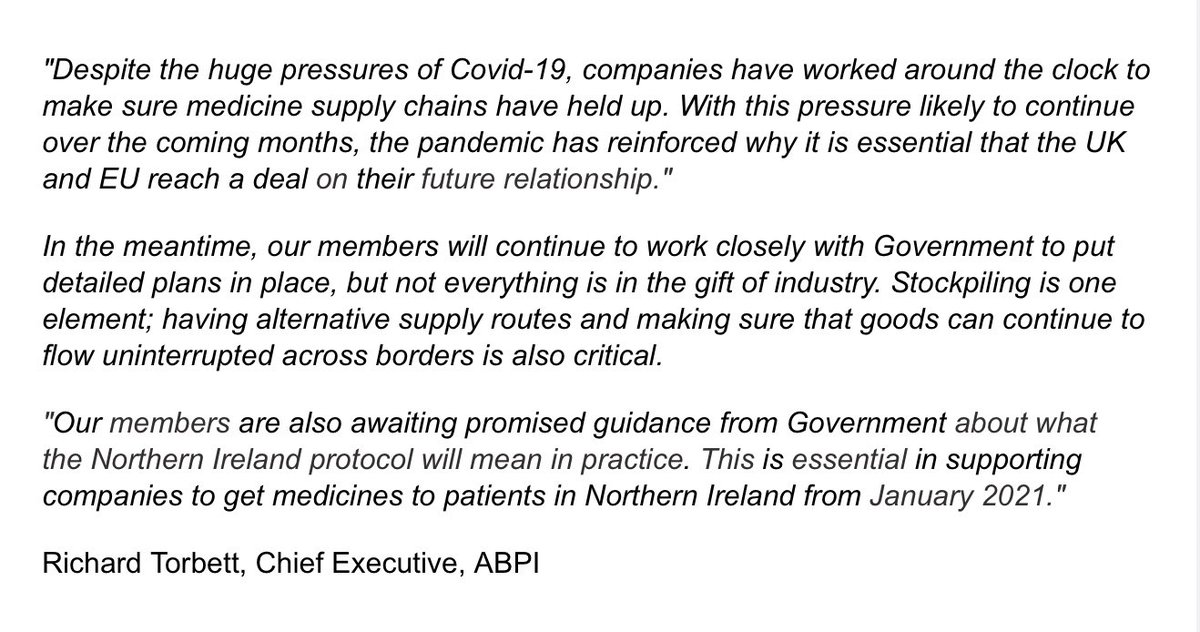 Official comment from ABPI...pandemic pressures likely to continue for months, and this reinforces why UK-EU deal “essential”Will work closely with government, stockpiling and “uninterrupted flow” of good is “critical”Waiting for NI guidance “essential” for medicines supply