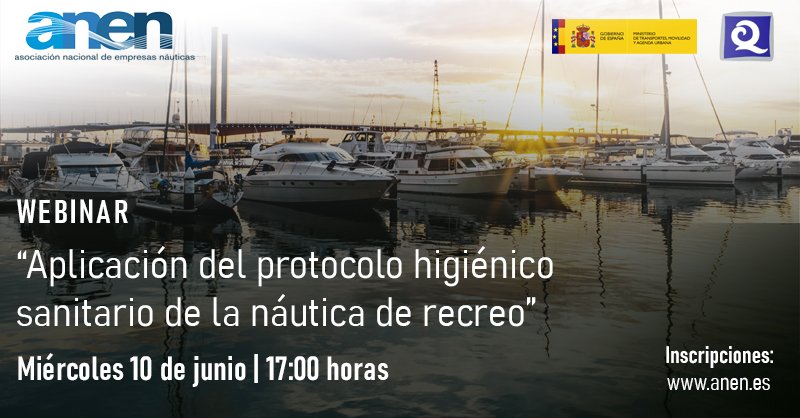 🖥 WEBINAR "Medidas para la reducción del contagio por #COVID19 en las instalaciones nautico-deportivas y actividades náuticas "
📅 Miercoles, 10 de junio
🕔 17:00 hrs.
🗣👥 Intervienen: ANEN, ICTE y el Director Gral de Marina Mercante
📲💻 Inscripciones anen.es