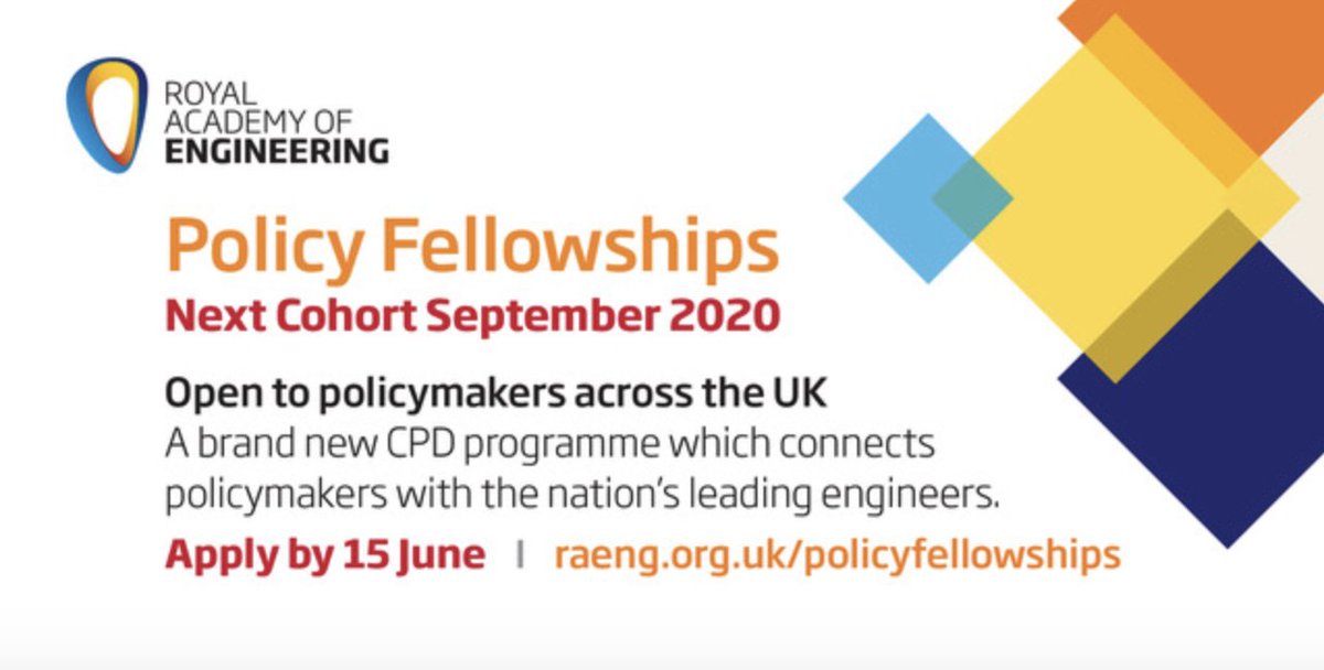 The deadline to apply for @RAEngNews Policy Fellowships is 15 June 2020. Civil servants with responsibility for policy design in any sector are encouraged to apply, in support of better evidence-based policymaking: ow.ly/bTzc50zTqSo

#PolicyFellowships #IRSE #engineering