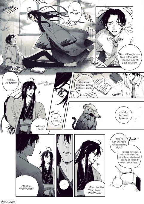 Modern AU Lan Wangji × Yiling Laozu Wei Wuxian
The story of a Wei Wuxian belatedly confessing her feelings to Lan Wangji.
 Added small settings to incense burner ·ᴗ·

 And thank you (@ henbiemp3) for helping me translate English!♡

[4/7]
#魔道祖师 #MDZS #마도조사 #忘羡 