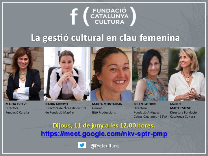 Fundació Catalunya Cultura (@fcatcultura) on Twitter photo El proper dijous us convidem a debatre sobre 'La gestió #cultural en clau femenina' amb <a href="/martaesteve_za/">Marta Esteve</a> de <a href="/FundacioCarulla/">Fundació Carulla</a>, <a href="/ArroyoArce/">NADIA ARROYO</a> de <a href="/fmapfre/">Fundación MAPFRE</a>, <a href="/MartaMontalban/">Marta Montalban</a> de @bitoproduccions i <a href="/latorrelaguna/">Belén Latorre Laguna</a> de <a href="/Fcaixescat/">Fundació Antigues Caixes Catalanes</a>. Serà a les 12h i ho moderarà <a href="/Maite_Esteve/">Maite Esteve</a> 
#dones #mesquemai El proper dijous us convidem a debatre sobre 'La gestió #cultural en clau femenina' amb <a href="/martaesteve_za/">Marta Esteve</a> de <a href="/FundacioCarulla/">Fundació Carulla</a>, <a href="/ArroyoArce/">NADIA ARROYO</a> de <a href="/fmapfre/">Fundación MAPFRE</a>, <a href="/MartaMontalban/">Marta Montalban</a> de @bitoproduccions i <a href="/latorrelaguna/">Belén Latorre Laguna</a> de <a href="/Fcaixescat/">Fundació Antigues Caixes Catalanes</a>. Serà a les 12h i ho moderarà <a href="/Maite_Esteve/">Maite Esteve</a> 
#dones #mesquemai
