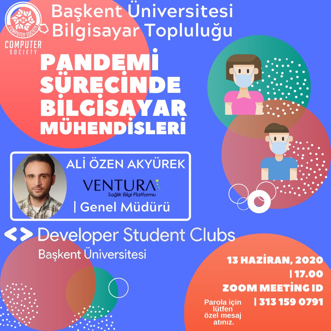 13 Haziran Cumartesi günü saat 17:00’da gerçekleştireceğimiz “Pandemi Sürecinde Bilgisayar Mühendisleri” söyleşimize hepiniz devetlisiniz! Konuğumuz, Ali Özen Akyürek, sağlık bilgi sistemleri üzerine yazılımlar geliştiren Ventura Yazılım’ın genel müdürü. Zoom şifresi için DM #dsc
