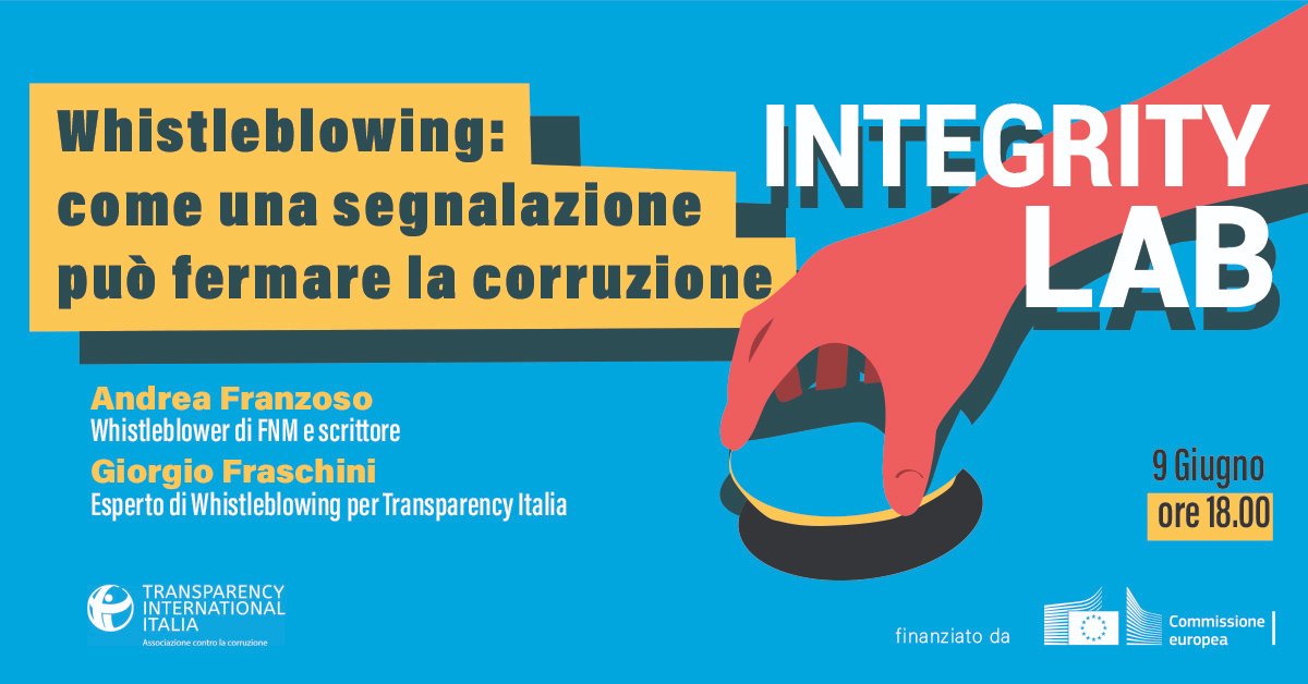transparency_it's tweet photo. Secondo appuntamento di #IntegrityLab con @_andreafranzoso che ci racconta la sua esperienza di #whistleblower di FNM insieme al nostro Giorgio Fraschini che ci spiegherà a che punto siamo con le tutele nel nostro paese. #whistleblowing #monitorappalti👉 https://t.co/vU4MIt8IGA https://t.co/6gVBRGFyoo
