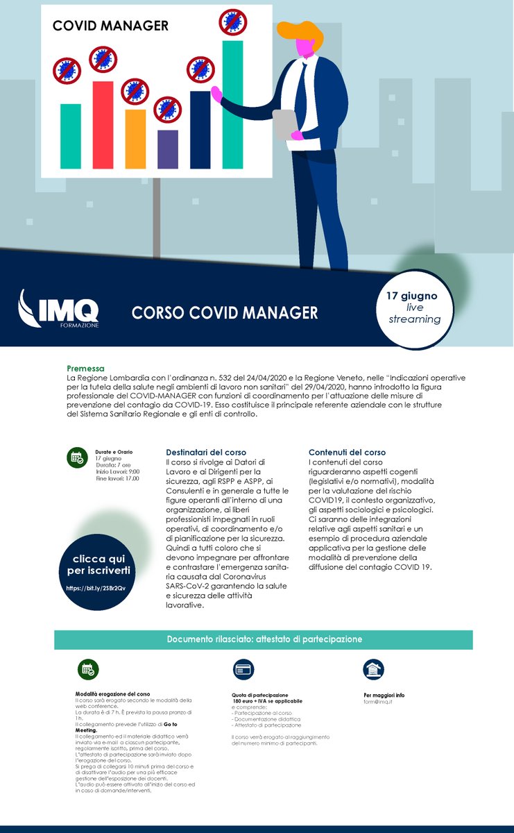 IMQ Formazione segnala il corso per #covidmanager, la nuova figura professionale introdotta da recenti Ordinanze regionali. Clicca qui per iscriverti: lnkd.in/defzKcN