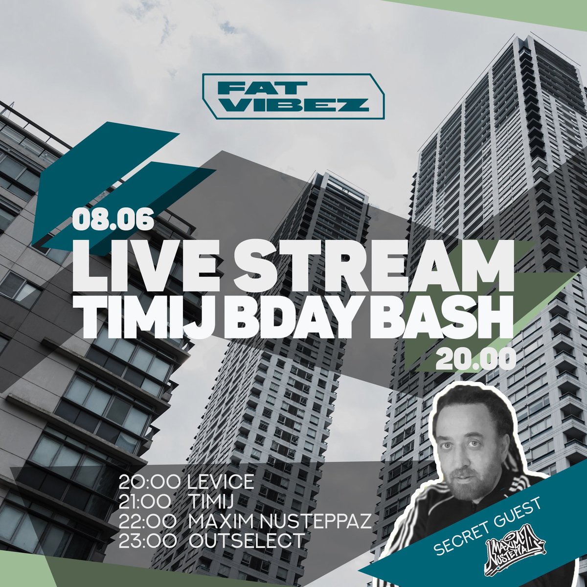 FatVibez's tweet photo. Сегодня в 20:00, прямая трансляция от лейбла FAT VIBEZ Records, в честь дня рождения Timij из клуба Грибоедов, при участии Maxim Nusteppaz.

https://t.co/iqGG2sapGa

20:00 Levice
21:00 Timij (Special Birthday set) 
22:00 Maxim Nusteppaz
23:00 Outselect https://t.co/WG3KC4ZNpG