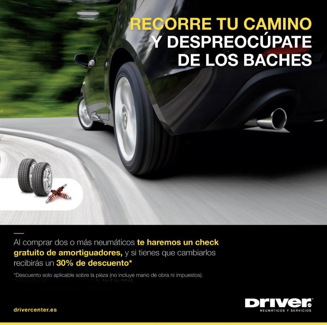 DriverCayetano's tweet photo. ¡Recorre tu camino y despreocúpate de los baches! 
Compra dos o más neumáticos y CHEQUEO GRATUITO de los amortiguadores de tu vehículo.
¡Lo que nos importa es la seguridad tuya y de los tuyos! 
#neumaticos #seguridad #talleresdriver #vehiculos #amortiguadores https://t.co/rVgCVIYb8N