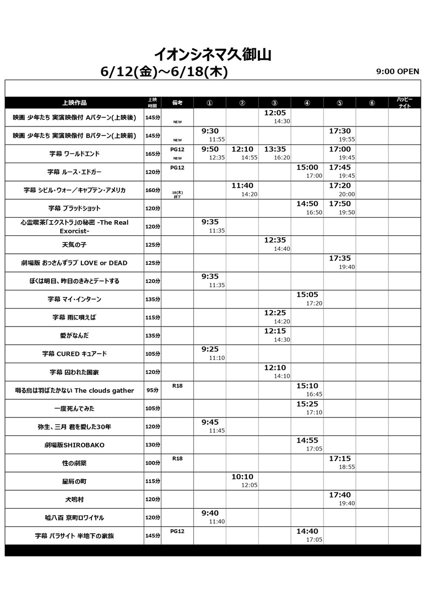 イオンシネマ久御山 5 12 水 より営業再開 6 12 金 6 18 木 の上映スケジュール 少年たち 最大劇場でお楽しみください Aパターン 12 05 Bパターン 17 30 しかも 1100円です イオンシネマ イオンシネマ久御山 久御山 T Co イオンシネマ久御山 5 12 水 より営業再開 6 12 金 6 18 木 の上映スケジュール 少年たち 最大劇場でお楽しみください Aパターン 12 05 Bパターン 17 30 しかも 1100円です イオンシネマ イオンシネマ久御山 久御山 T Co