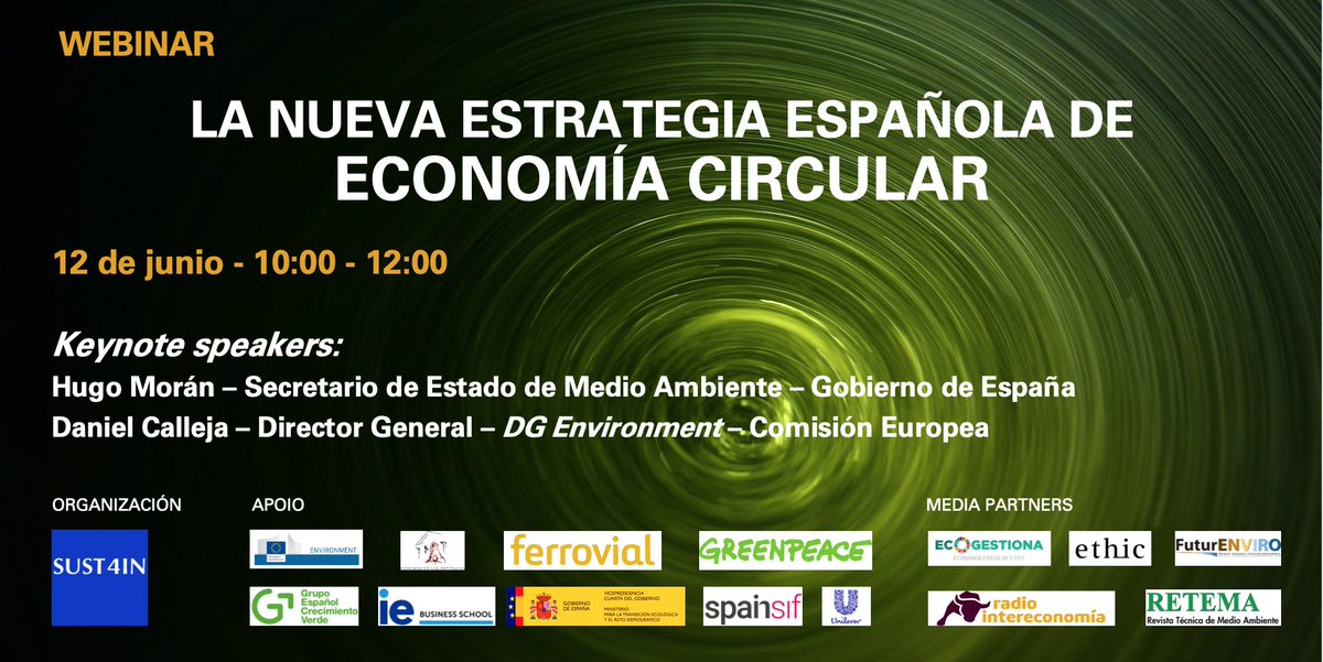 La Nueva Estrategia Española de #EconomíaCircular: responsabilidades, retos y oportunidades. 🖥️Webinar: 12 de junio - 10:00 - 12:00 Keynote speakers: 🇪🇸@Moran_Fernandez @mitecogob 🇪🇺@DCallejaEC @EU_ENV 👉🏿Más info y registro: sust4in.com/webinar-la-nue…