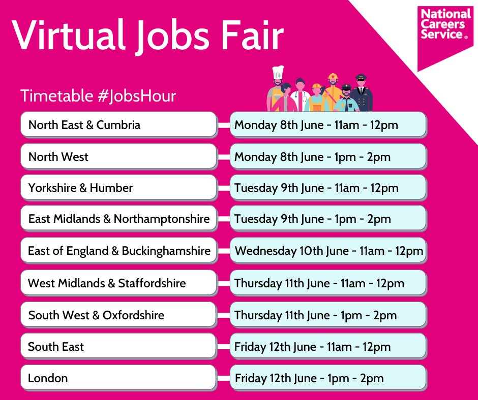 Join <a href="/NationalCareers/">National Careers</a> from today when they will take you on a #VirtualJobsFair around England, highlighting the latest job vacancies in your area #JobsHour
#NCW2020 
#Careers 
#JobSearch