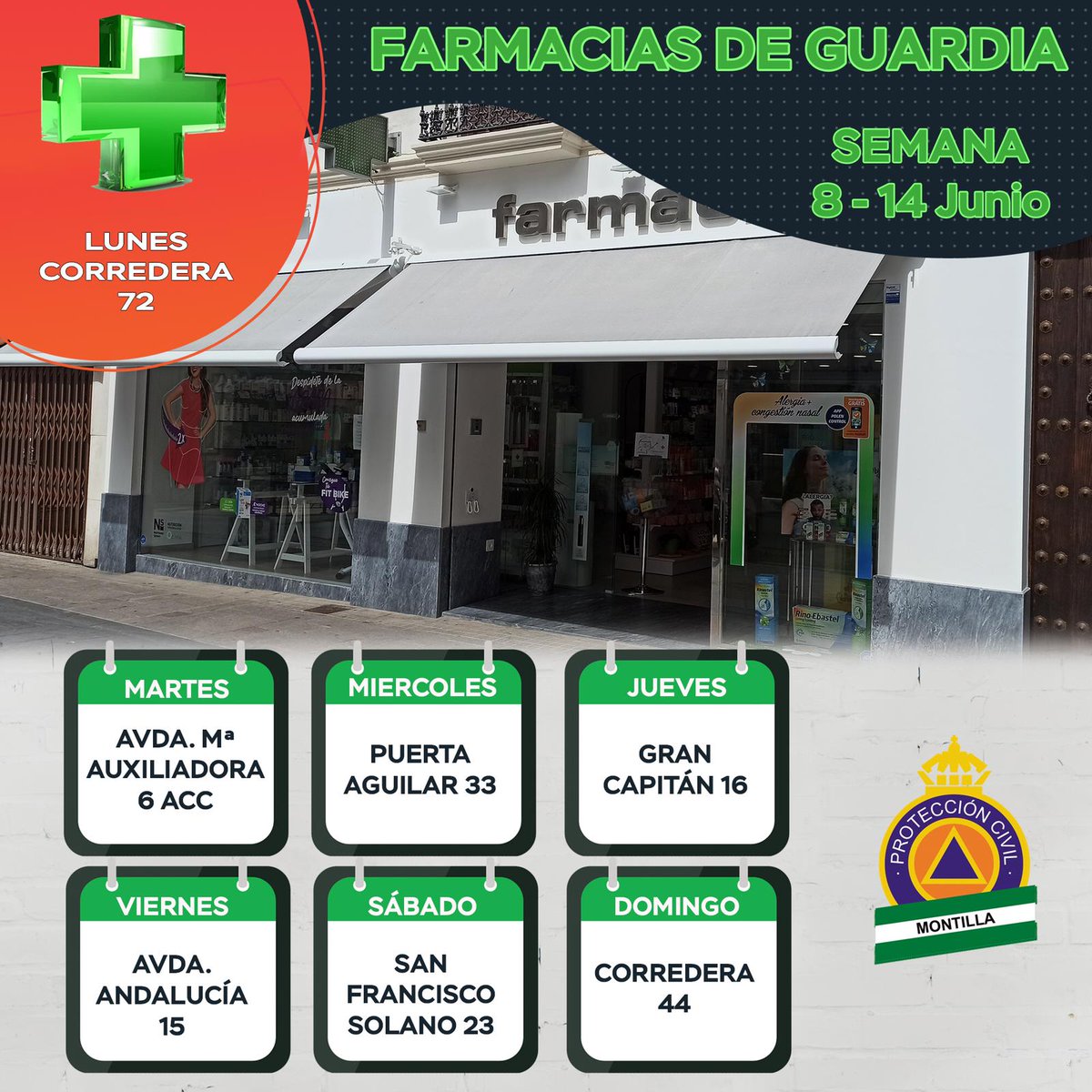 🔽🔽🔽 Farmacias de guardia 🔽🔽🔽
Semana del 8 al 14 de junio.
.
🟠 Infórmate
✅ Comparte
.
.
#proteccioncivil #voluntarios #farmacia #farmaciasdeguardia #Montilla #junio #likes #followers #instagram #f #divulga #followme #instagood #comparte