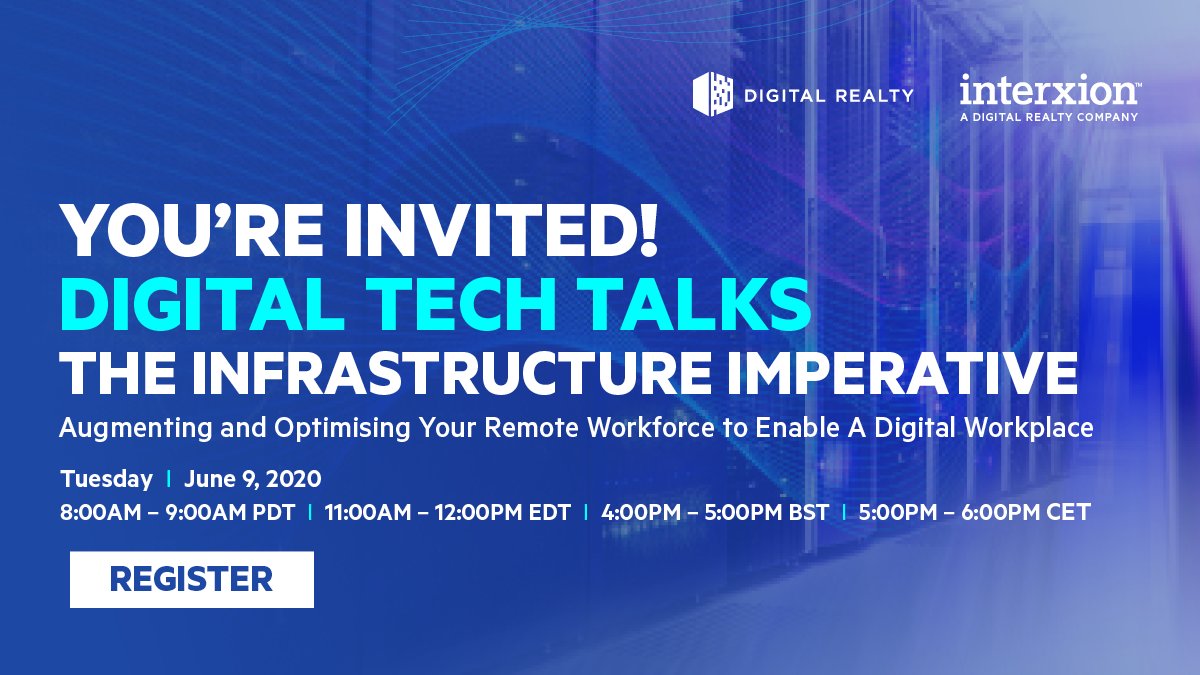 interxion's tweet image. Don’t miss out on our #DigitalTechTalks and your chance to hear from Kelly Morgan-Szydlo from 451 Research and Tony Bishop as they share vital insights on the future of #DigitalTransformation. Register today: inxn.eu/30lIAou