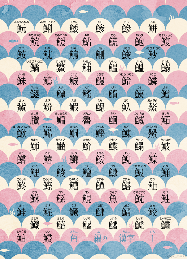 みっけ 覚えたいシリーズのリクエストより 魚へんの漢字 です 青海波とか鱗みたいなデザインにしました T Co 3oxxl8va9b Twitter