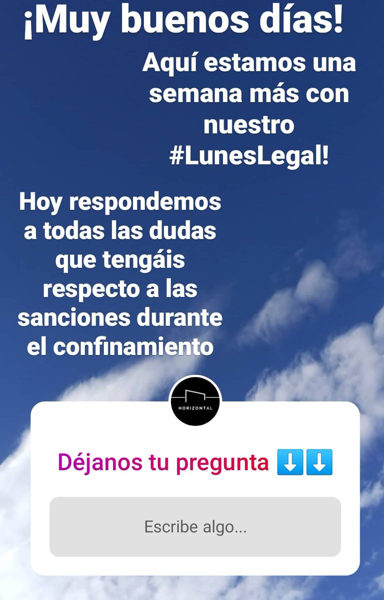 ¡Muy buenos días ! Ya estamos aquí respondiendo a vuestras dudas en nuestro #LunesLegal! Hoy respondemos vuestras preguntas acerca de las sanciones administrativas por incumplir el confinamiento. 
¡Pasa por nuestro Instagram y déjanos tu pregunta! 
#horizontal #a2 #dudasLegales