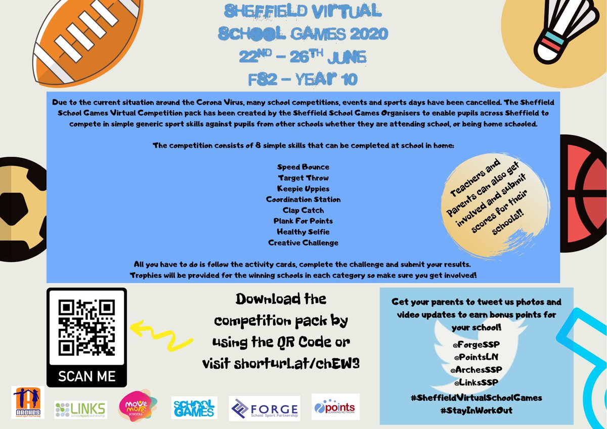 💥Sheffield Virtual School Games💥

22nd-26th June 2020

📢 Calling all Sheffield schools, pupils, teachers and parents!

Take part in the Sheffield Virtual School Games!
🎾⚽️🤸‍♀️🏃🏾‍♂️🥇🏆

Visit shorturl.at/chew3 to download the competition pack

#SheffieldVirtualSchoolGames