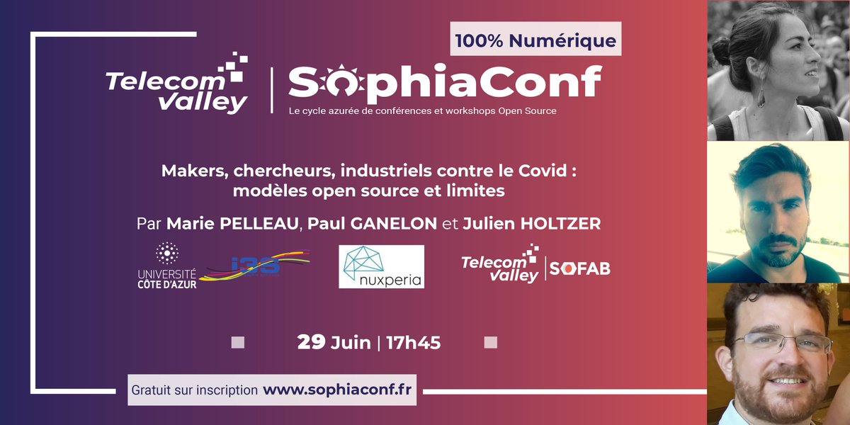 TelecomValley's tweet photo. [#SophiaConf] Découvrez comment les actions IoT des #makers du SoFAB pour la protection des personnes contre le #covid-19 recourent à l’open source avec @mepelleau @Laboratoire_I3S@uca_research @PaulGanelon @SoFABbyTV
🗓️ RDV le 29/06 à 17h45
+ d’infos : https://t.co/nNvKLGf1M4 https://t.co/OsuJClIg2T
