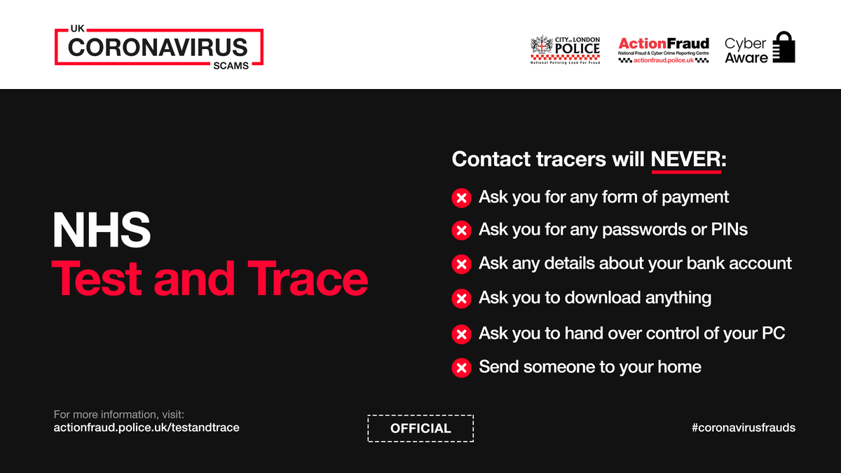 Criminals will use any opportunity to defraud innocent people. Here's what NHS Test and Trace will never ask you to do. More information:  actionfraud.police.uk/testandtrace <a href="/actionfrauduk/">Report Fraud</a>
