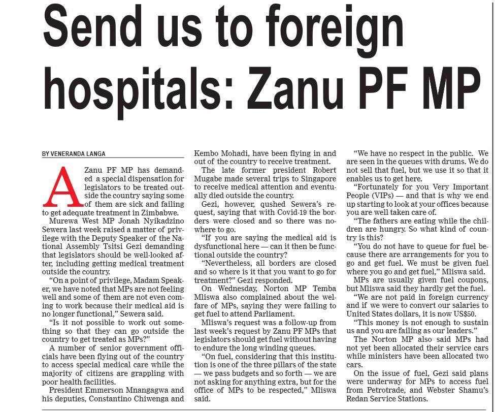dewamavhinga's tweet photo. As #Zimbabwe grapples with a collapsed healthcare system, a ruling #ZANUPF MP demands special access to medical treatment outside the country. @MoHCCZim @CWGH1 @ZadhrDoctors @DrNyamande @MunatsiEdgar @Nomara004 @NewsDayZimbabwe @WeArePindula @VOAAfrica https://t.co/gUC5tZbHNp