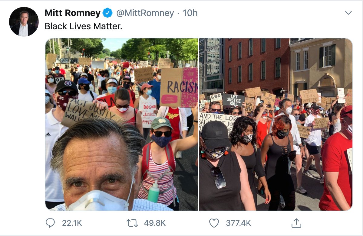 AJEnglish's tweet image. "We need a voice against racism, we need many voices against racism and against brutality."
Mitt Romney becomes the first known Republican senator to march against US police brutality aje.io/cdjt7