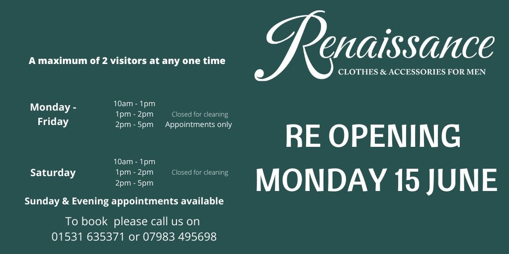 A week today Mon 15 June we will be re-opening our doors to welcome you back to Renaissance! Please spread the word. We have amended our opening hours and have introduced a range of safety measures to help you feel confident when you visit our shop. #reopeningresponsibly