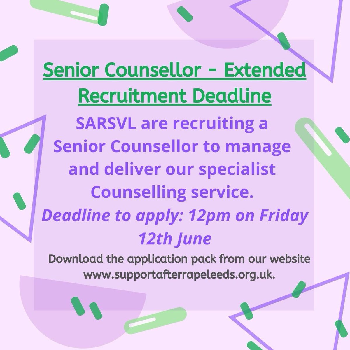 Our recruitment for a Senior Counsellor has been extended to this Friday 12th June at 12pm.
For the application pack and details about the post please visit our website: supportafterrapeleeds.org.uk/we-are-recruit…
#LeedsJob #CounsellingJob