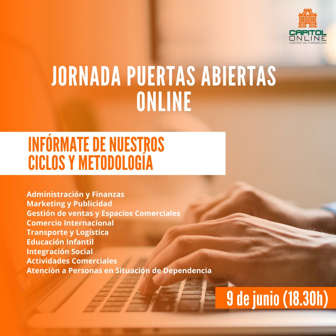 FPCapitol's tweet photo. 👉¿Quieres saber cómo funciona la #FPaDistancia? Inscríbete en el Open Day de Capitol y descubre las ventajas de estudiar tu Ciclo Oficial de Formación Profesional 100% Online.

📆9 junio, martes
🕐18:30 horas

Apúntate ➡️ https://t.co/DnRcw8QwsY https://t.co/119Yd2ypXq