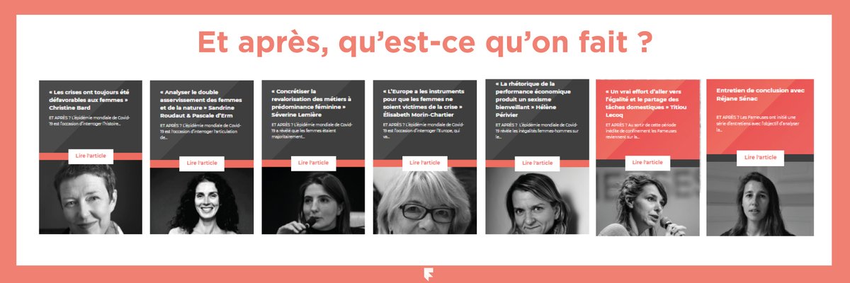 #EtApres Pendant plrs semaines #LesFameuses ont sollicité des expertes pour les questionner sur la période post-covid et l' #égalitéFH. @Christine_Bard <a href="/Pascalederm/">D'erm pascale</a> @SandrineRoudaut Séverine Lemière <a href="/emorinchartier/">Morin-Chartier</a>
<a href="/HelenePerivier/">Hélène Périvier</a> <a href="/titiou/">Titiou Lecoq</a> <a href="/RejaneSenac/">Réjane Sénac</a>
  lesfameuses.com/actus/
