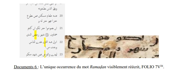 1-Le culte du Ramadan n’apparait pas dans le codex, les verset 2-187 à 218 sont absentsL’unique occurrence du mot « ramadan » est visiblement réécrite Rapprochement possible entre le ramadan et une pratique juive locale