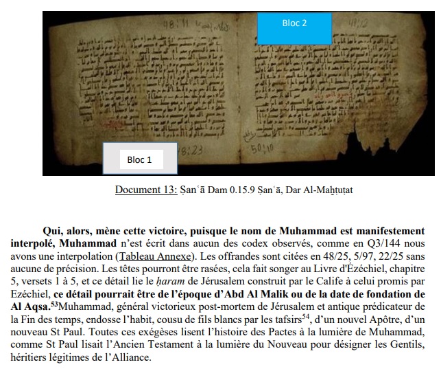 4-La mention du prophète :Les passages qui mentionnent « Mohamed » ou « la Mecque » sont absents ou ajoutés.D’une manière générale, les versets mentionnant un « triomphe sur les autres religions » n’existent pas dans les manuscrits anciens : 61-9, 9-33, 61-9.