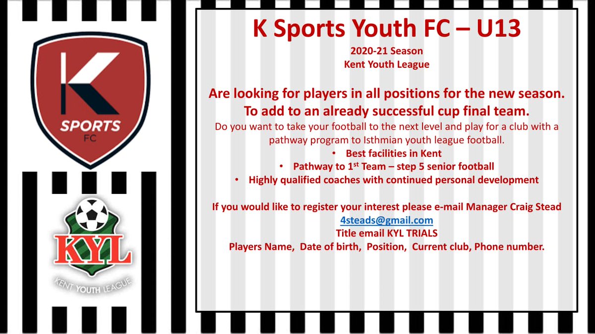 If you would like to register your interest to trial <a href="/KSportsfcyouth/">K Sports FC Youth</a> U13
<a href="/KentYouthLeague/">KentYouthLeague</a>
this coming season.
@KSportsFC 
<a href="/ksports_1/">K Sports</a> 
Please RT Thank you