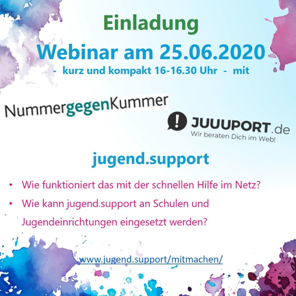 juuuport's tweet photo. 📢 SuS &amp; päd. Fachkräfte aufgepasst!
Am 25. Juni starten wir gemeinsam mit #jugendsupport und #NummergegenKummer ein kostenloses ✨#Webinar ✨ zum Thema #StressimNetz. Hier erfahrt ihr mehr über die Hilfeplattform https://t.co/yJQInosIVj. Jetzt anmelden!📱
https://t.co/O9rHg0Vvrc https://t.co/KoKkgf3M3j