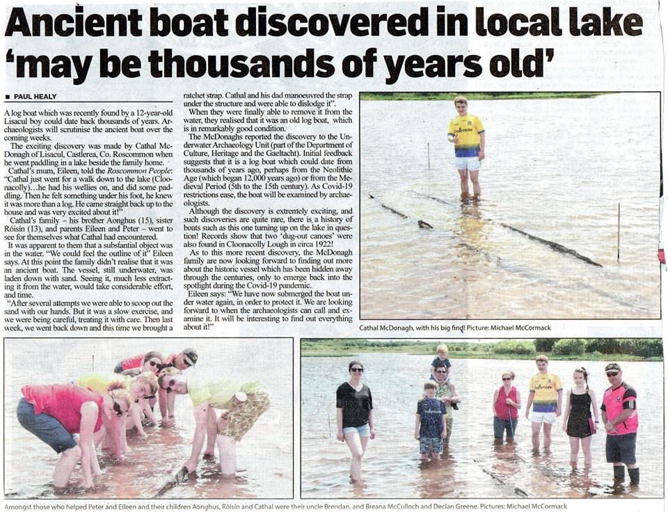BealachanDoirin's tweet photo. Well done to 12 year old Cathal McDonagh of Lisacul, Ballaghaderreen who recently discovered what may be a 4000 year old log boat while paddling in Cloonaholly lake.
(Roscommon People) https://t.co/lzzvN25XP7