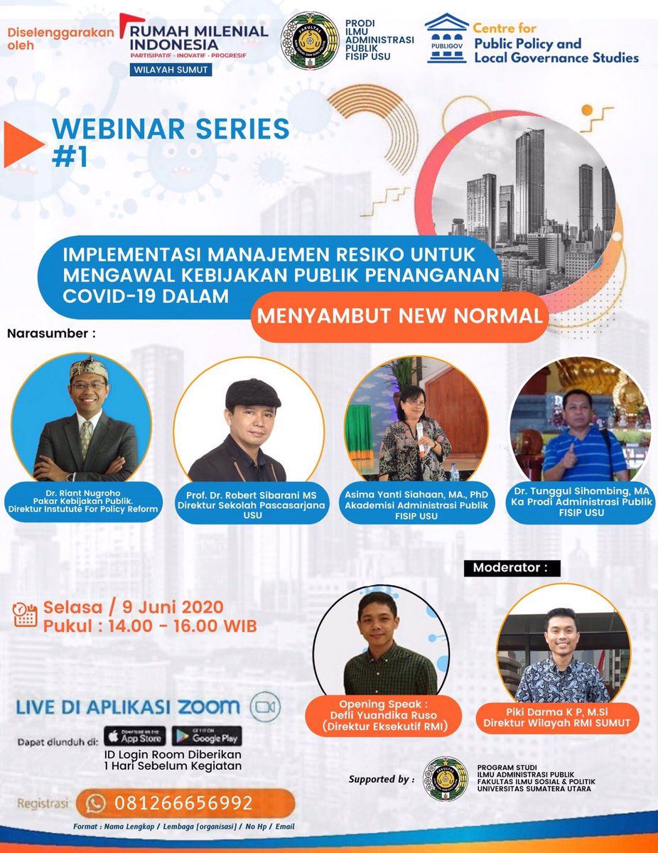 publigo_inst's tweet image. Webinar #1 Publigo dan Prodi Administrasi Publik FISIP USU Tentang Implementasi Manajemen Resiko Untuk Mengawal Kebijakan Penanganan Covid-19 Dalam Menyambut New Normal.