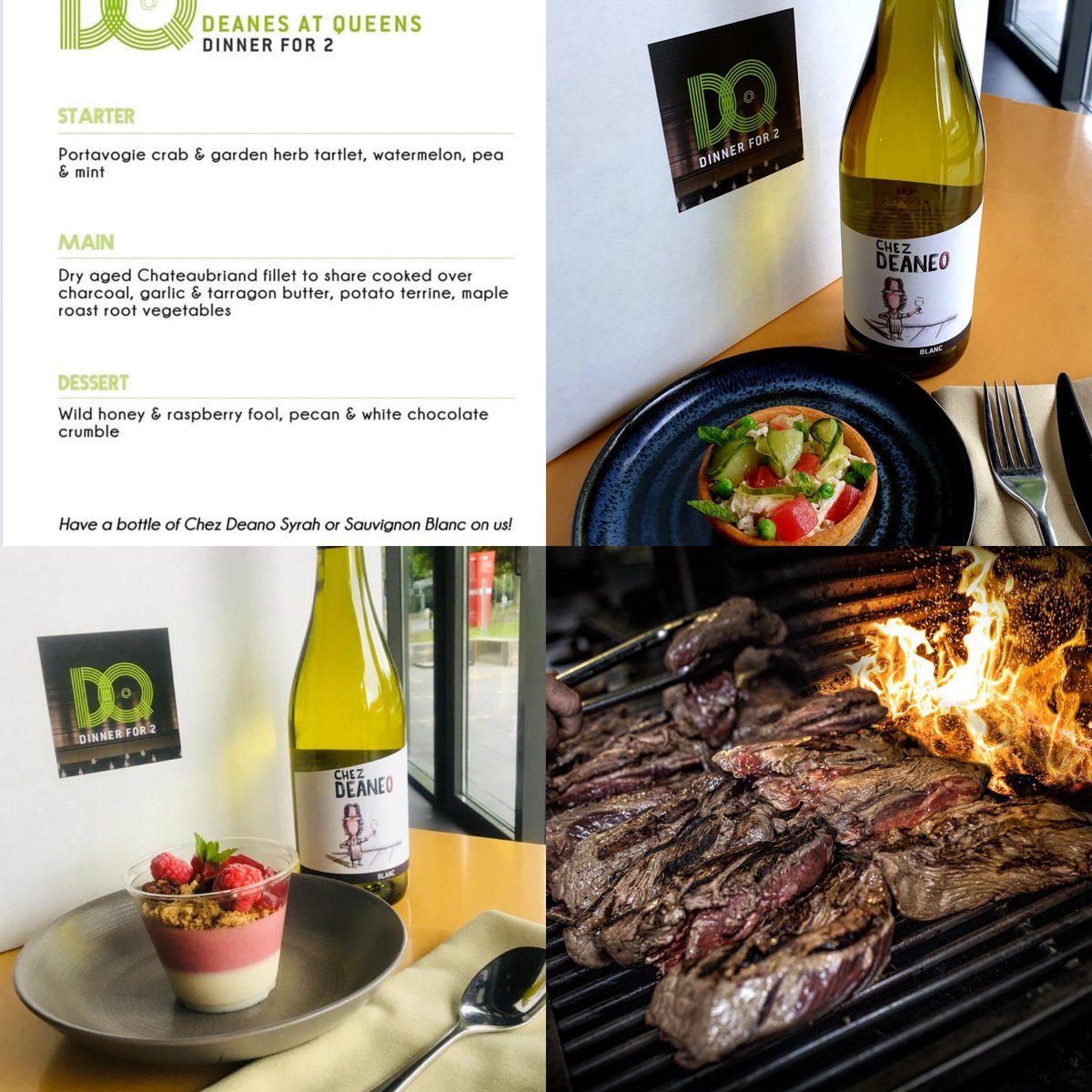 EatAtDeanes's tweet photo. Sunday sorted ... still time to enjoy   #DQDinnerForTwo #chateaubriand #crabtart #raspberryfool #clickandcollect #weekendtreat https://t.co/8Fw4JwZNpk https://t.co/27VmP6neMr