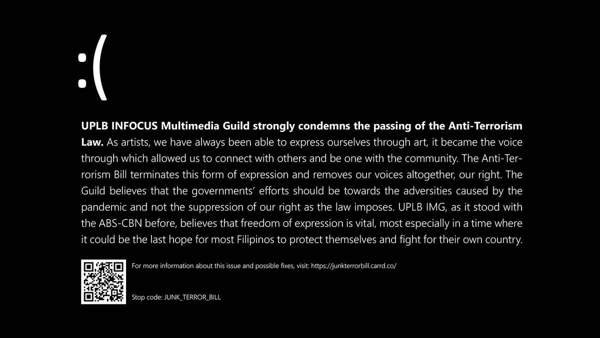 uplbimg's tweet photo. @uplbimg strongly condemns the passing of the Anti-Terrorism Law. The Guild believes that freedom of expression is vital, most especially in a time where it could be the last hope for most Filipinos to protect themselves and fight for their own country. 

#JunkTerrorBill✊ https://t.co/JA06LVP8kj
