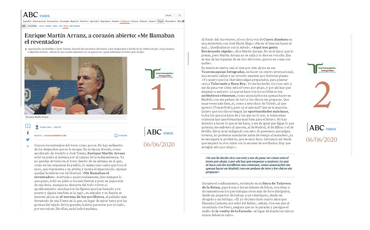 TauroInteBatan's tweet photo. ABC Por: Rosario Pérez

Enrique Martín Arranz, a corazón abierto: «Me llamaban el reventador»

Recortes Pgnas. - 1, 2 - 3, 4 - 5, 6  ABC

#espíritudelbatán #sialosniñosenlostoros #tauromaquialibre #tauromaquia #tauromaquiaescultura #sialosniñosenlostoros #madridcultura #madrid https://t.co/OUkK7P2J01