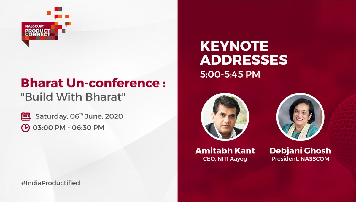 nasscomdeeptech's tweet photo. Next session at #BharatUnconference from 5:00-5:45 PM brings you the much-awaited for keynote addresses by @amitabhk87, CEO, @NITIAayog, &amp; @debjani_ghosh_ , President, @NASSCOM moderated by @nipunmehrotra #IndiaProductified

Join the live at: https://t.co/VRsYT6lDGL https://t.co/gnbzmNHEmh