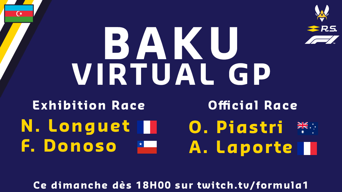 RL_Vitality's tweet photo. 🏁#VirtualGP - 🇦🇿🏎️
Rendez-vous demain à 18h pour le Virtual GP d'Azerbaïdjan!

Line-up @RenaultF1Team @TeamVitality 🐝🐝:
- @NicolasLonguet 
- @FDonoso99 

- @OscarPiastri, coureur de @FIAFormula3 
- @Laporte, footballeur français

Venez les supporter!
#VForVictory #RSspirit https://t.co/iaDPnGxOBC