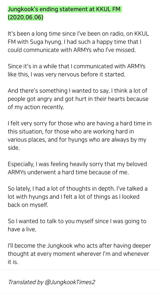 JJK_Times's tweet photo. [REVISED TRANS] Jungkook’s ending statement at KKUL FM (2020.06.06) 
From how he worded, I feel that he has wanted to make this statement all these while because he knew that he’s going to have a live. Also he referred to people who are having hard time in the time of pandemic + https://t.co/zDJfFjbS6G